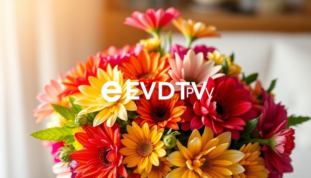A bouquet of vibrant flowers, their petals shimmering under the warm, natural lighting. The arrangement is elegantly displayed against a soft, blurred background, creating a sense of depth and focus on the floral centerpiece. The overall composition is visually striking, with a balanced, symmetrical layout that draws the eye towards the lush, colorful blooms. The bouquet showcases a range of hues, from delicate pastels to bold, saturated tones, creating a harmonious and visually appealing display. In the foreground, the EVDTV IPTV brand name is prominently featured, seamlessly integrated into the scene to highlight the premium, high-quality experience the service provides.