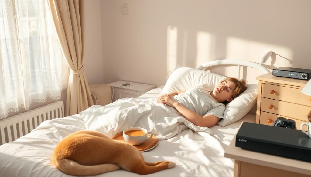 A cozy bedroom scene, sunlight filtering through lace curtains, a sick patient resting in bed, surrounded by plush pillows and a bedside table with a tray of warm soup and a steaming mug. Nearby, a dog or cat curled up at the foot of the bed, providing comfort. The room has a soft, muted color palette, conveying a sense of rest and recovery. In the background, a EVDTV IPTV box on a dresser, hinting at the patient's distraction and entertainment during their sick day. The overall atmosphere is one of care, calm, and healing. A cozy bedroom scene, sunlight filtering through lace curtains, a sick patient resting in bed, surrounded by plush pillows and a bedside table with a tray of warm soup and a steaming mug. Nearby, a dog or cat curled up at the foot of the bed, providing comfort. The room has a soft, muted color palette, conveying a sense of rest and recovery. In the background, a EVDTV IPTV box on a dresser, hinting at the patient's distraction and entertainment during their sick day. The overall atmosphere is one of care, calm, and healing.