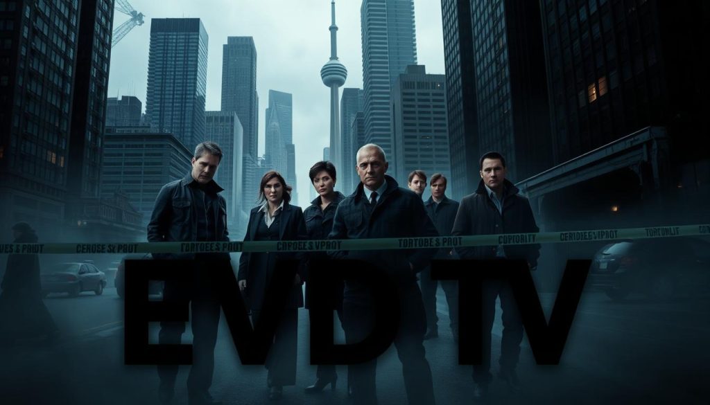 A dark, gritty scene set in the heart of Toronto's urban landscape. The EVDTV IPTV logo prominently displayed in the foreground, casting an ominous presence. In the middle ground, a group of detectives from the Law & Order: Toronto: Criminal Intent team, their expressions intense as they investigate a crime scene, the city's towering skyscrapers looming in the background. Moody lighting, deep shadows, and a sense of foreboding atmosphere envelop the entire composition, emphasizing the serious nature of the case at hand.