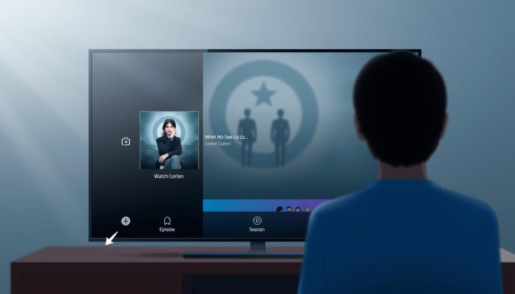 A detailed, high-quality digital illustration of the steps to watch the TV series "When No One Sees Us" on the EVDTV IPTV platform. The image should have a clean, modern aesthetic with a focus on presenting the steps in a clear, step-by-step fashion. The foreground should depict the user interface of the EVDTV IPTV app, highlighting the key navigation elements and controls. The middle ground should show the user selecting the specific episode and season of the series, while the background should feature a subtle, blurred representation of the TV series' logo or promotional imagery. The lighting should be soft and natural, creating a calming and informative atmosphere. The overall composition should be balanced and visually appealing, guiding the viewer through the process of accessing the content on the EVDTV IPTV service.