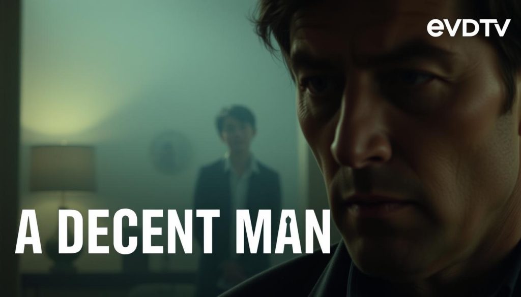 A detailed scene from the fourth episode of the TV series "A Decent Man". In the foreground, a close-up shot of a character's face, their expression pensive and thoughtful. In the middle ground, the character is shown in a dimly lit indoor setting, surrounded by subtle details that hint at the narrative. The background is hazy, with soft lighting that creates a dreamlike, atmospheric quality. The overall mood is one of introspection and emotional depth. The image should convey a sense of the show's quality and production value, suitable for promotion on the EVDTV IPTV platform.