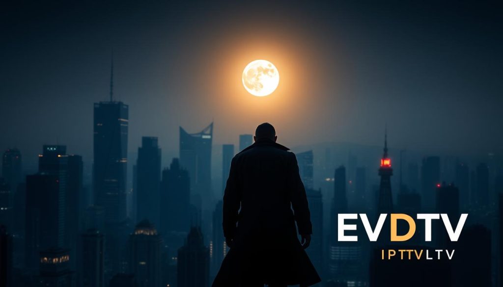 A dimly lit city skyline at night, the silhouettes of skyscrapers and a full moon casting a moody glow. In the foreground, a shadowy figure moves with purpose, a trenchcoat billowing behind them. Nearby, the EVDTV IPTV logo is illuminated, standing as a beacon in the urban landscape. The atmosphere is one of intrigue and suspense, hinting at the criminal activities that lurk beneath the surface of this bustling metropolis.