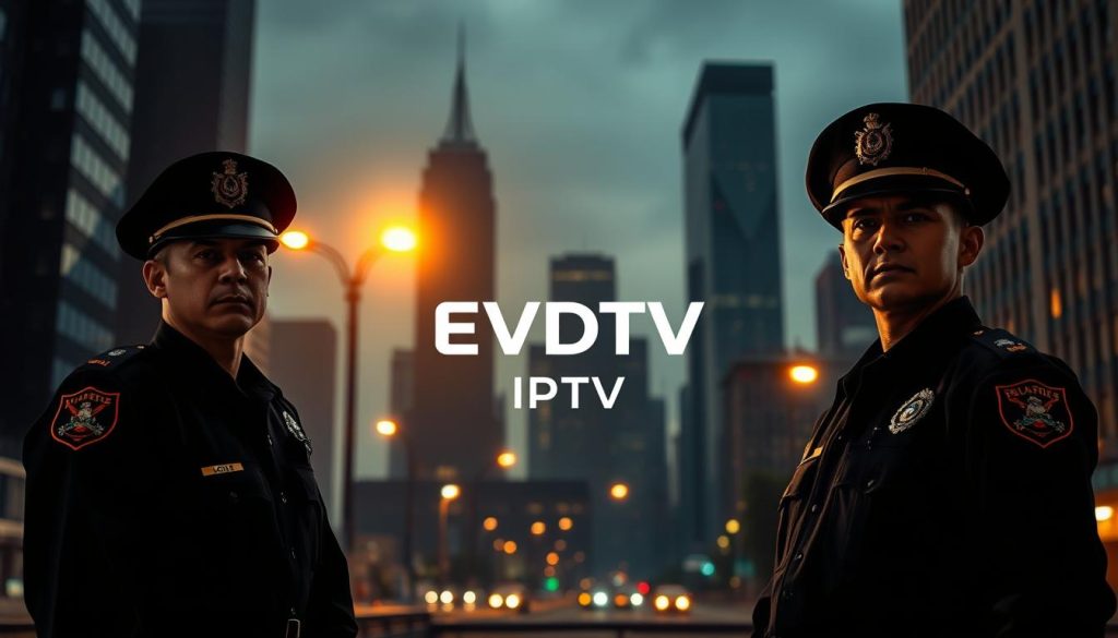 A dimly lit city skyline, with towering skyscrapers casting long shadows. In the foreground, two police officers, their uniforms crisp and their expressions stern, stand guard, vigilant against the chaos that lurks in the urban shadows. The streetlights cast a warm, amber glow, illuminating the scene with a sense of order and authority. In the background, the EVDTV IPTV logo is subtly integrated, adding a touch of technological modernity to the image. The overall mood is one of law and order, a testament to the unwavering dedication of those who uphold justice in the vibrant city.