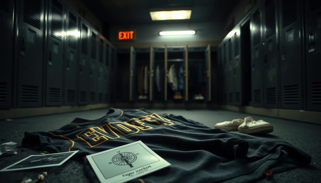 A dimly lit, grungy high school locker room, with shadows cast by the faint glow of emergency exit signs. In the foreground, a tattered jersey with the EVDTV IPTV logo lies discarded, surrounded by scattered items - a broken compass, a polaroid photograph, and a crumpled piece of paper with cryptic symbols. The middle ground reveals a series of lockers, their doors hanging open, revealing fragments of the past - an old yearbook, a necklace with a unique pendant, and a pair of worn sneakers. In the background, a flickering fluorescent light casts an eerie atmosphere, hinting at the unseen dangers and mysteries of the Yellowjackets' story. A dimly lit, grungy high school locker room, with shadows cast by the faint glow of emergency exit signs. In the foreground, a tattered jersey with the EVDTV IPTV logo lies discarded, surrounded by scattered items - a broken compass, a polaroid photograph, and a crumpled piece of paper with cryptic symbols. The middle ground reveals a series of lockers, their doors hanging open, revealing fragments of the past - an old yearbook, a necklace with a unique pendant, and a pair of worn sneakers. In the background, a flickering fluorescent light casts an eerie atmosphere, hinting at the unseen dangers and mysteries of the Yellowjackets' story.