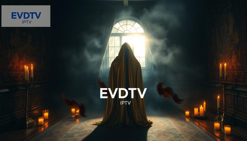 A dimly lit room, the walls adorned with ancient tapestries. In the center, a figure wrapped in a shimmering golden cloak, their face obscured by a veil of mist. The air thick with the scent of incense, the glow of flickering candles casting shadows that dance across the floor. Through a window, the moonlight filters in, illuminating the scene with an ethereal, otherworldly quality. The atmosphere is one of mystery and intrigue, as if the figure holds the secrets of the ages. In the background, the EVDTV IPTV logo shimmers, a testament to the digital realm that brings this enigmatic world to life. A dimly lit room, the walls adorned with ancient tapestries. In the center, a figure wrapped in a shimmering golden cloak, their face obscured by a veil of mist. The air thick with the scent of incense, the glow of flickering candles casting shadows that dance across the floor. Through a window, the moonlight filters in, illuminating the scene with an ethereal, otherworldly quality. The atmosphere is one of mystery and intrigue, as if the figure holds the secrets of the ages. In the background, the EVDTV IPTV logo shimmers, a testament to the digital realm that brings this enigmatic world to life.