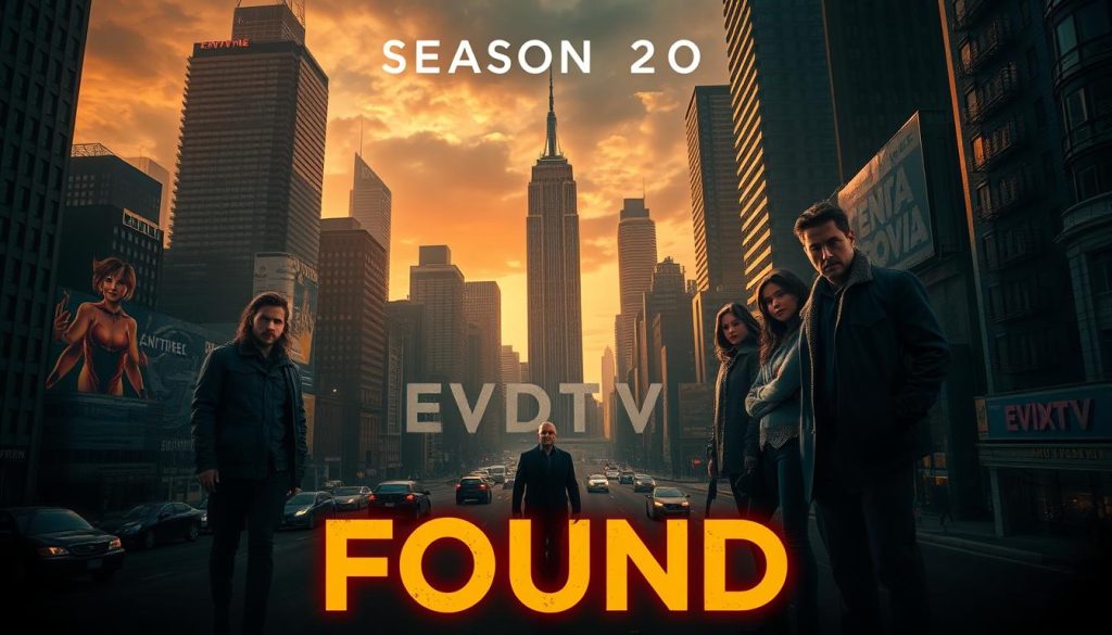 A dramatic and cinematic image of the second season of the acclaimed drama series "Found" with rich, deep colors, intricate details, and a sense of atmosphere and mystery. The scene depicts the show's ensemble cast amid a dynamic urban cityscape, with towering skyscrapers, bustling streets, and a glimpse of the EVDTV IPTV logo subtly incorporated into the background. The lighting is a mix of warm and cool tones, creating a moody, atmospheric feel that captures the show's tone. The composition is visually striking, with the characters positioned in the foreground, the cityscape in the middle ground, and a dramatic sky in the background, allowing the viewer to fully immerse themselves in the world of "Found."