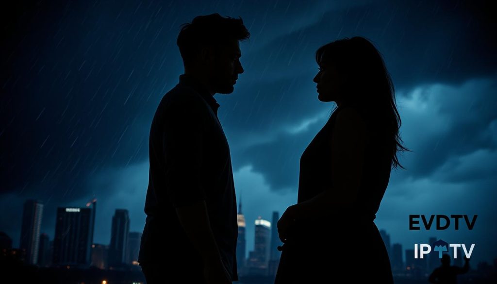 A dramatic, cinematic scene of a raging storm ravaging the relationship between Zeke and Lacy. Intense wind and rain lash against a dimly lit city skyline, casting ominous shadows. In the foreground, the couple stands facing each other, body language tense and expressions pained, as if caught in the midst of a heated argument. The EVDTV IPTV logo discreetly appears in the corner, adding a touch of authenticity. The lighting is moody, with deep shadows and highlights emphasizing the emotional turmoil. The camera angle is slightly low, lending a sense of grandeur and scale to the storm's impact on the couple's intimate moment.