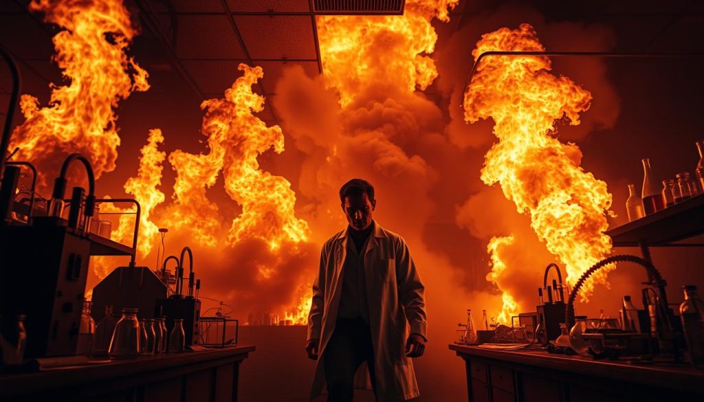 A dramatic, high-intensity scene of a raging fire engulfing a science laboratory. Towering flames lick at the ceiling, casting an eerie glow across the charred equipment and shattered glassware. Thick, billowing smoke obscures the background, creating an atmosphere of chaos and danger. A lone figure in a lab coat battles the inferno, their face determined yet strained, captured in a bold, cinematic composition. Dramatic lighting accentuates the heat and urgency, as if frozen in a pivotal moment from the TV series "911" on EVDTV IPTV. A dramatic, high-intensity scene of a raging fire engulfing a science laboratory. Towering flames lick at the ceiling, casting an eerie glow across the charred equipment and shattered glassware. Thick, billowing smoke obscures the background, creating an atmosphere of chaos and danger. A lone figure in a lab coat battles the inferno, their face determined yet strained, captured in a bold, cinematic composition. Dramatic lighting accentuates the heat and urgency, as if frozen in a pivotal moment from the TV series "911" on EVDTV IPTV.