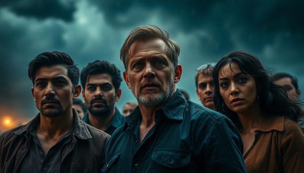 A dramatic storm rages, casting a moody, cinematic ambiance over a group of talented actors. Their expressive faces and emotive gestures convey the intensity of the scene, as they navigate the complex emotions and high-stakes situations unfolding before them. Dramatic lighting accentuates the actors' performances, creating a sense of depth and atmosphere reminiscent of a masterfully crafted EVDTV IPTV series. The camera angles artfully frame the actors, highlighting their nuanced reactions and captivating the viewer with the raw power of their performances.