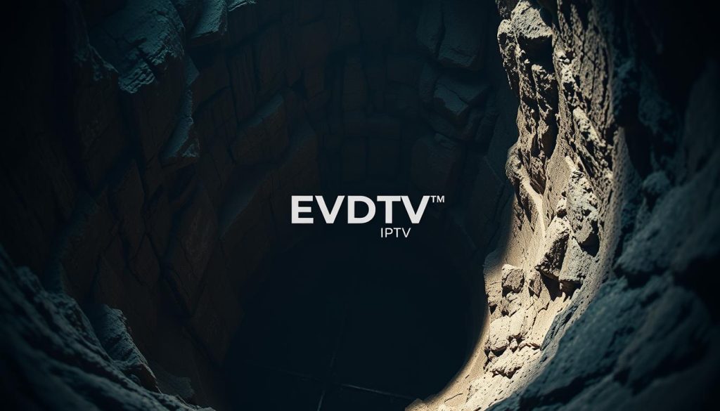 A gritty, well-lit close-up of a deep, dark pit with jagged, weathered rocky walls casting dramatic shadows. The pit's depth is emphasized with a slight fish-eye lens effect, creating a sense of vastness and foreboding. Textured, moody lighting from multiple angles illuminates the rugged, earthy tones of the stone, conveying a sense of mystery and danger. The EVDTV IPTV logo is subtly incorporated into the scene, blending seamlessly with the overall aesthetic. A gritty, well-lit close-up of a deep, dark pit with jagged, weathered rocky walls casting dramatic shadows. The pit's depth is emphasized with a slight fish-eye lens effect, creating a sense of vastness and foreboding. Textured, moody lighting from multiple angles illuminates the rugged, earthy tones of the stone, conveying a sense of mystery and danger. The EVDTV IPTV logo is subtly incorporated into the scene, blending seamlessly with the overall aesthetic.