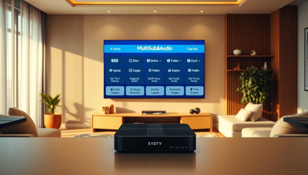 A high-resolution image showcasing the voice and dubbing options featured in the TV series "Kidfluencing". The scene depicts a modern living room with a large TV screen displaying the show's interface, allowing the viewer to select from various audio and subtitle settings. The room is bathed in warm, diffused lighting, creating a cozy and inviting atmosphere. The TV interface is prominently displayed, with clear, legible icons and text highlighting the MultiSub&Audio feature. In the foreground, a sleek and stylish EVDTV IPTV set-top box is positioned, hinting at the platform's role in providing access to the series. The overall composition emphasizes the sophisticated audio and language customization capabilities of the "Kidfluencing" production.