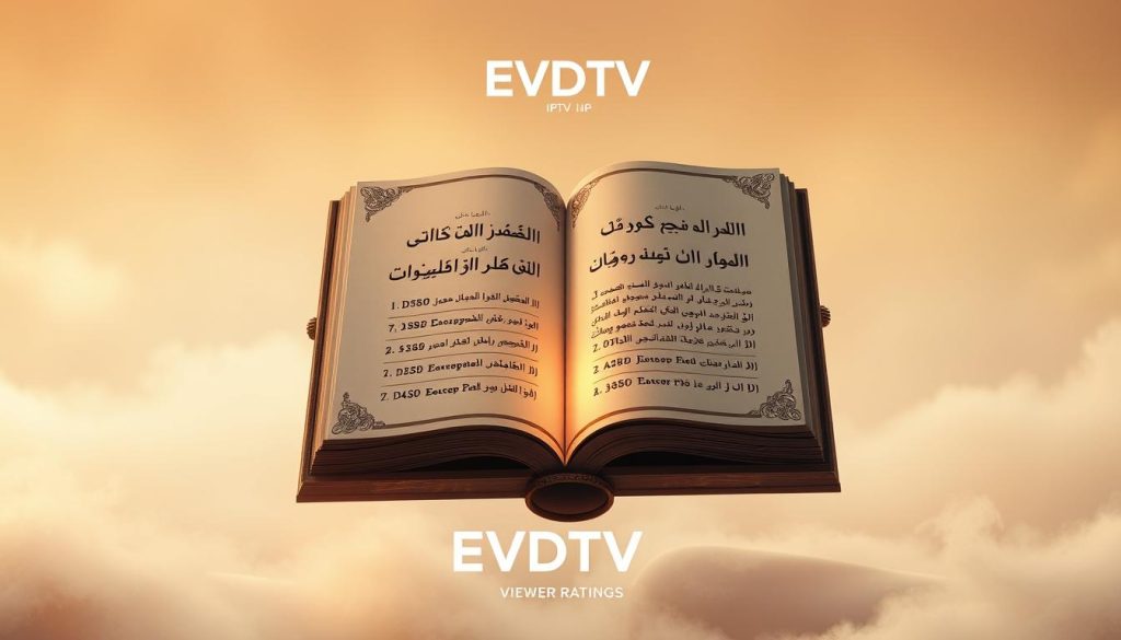A large, ornate book floating in a serene, ethereal setting. The book's pages are open, displaying a series of viewer ratings for the television series "A Decent Man" in elegant, calligraphic Arabic script. The background is a hazy, dreamlike landscape, with soft pastel colors and delicate, swirling patterns. The lighting is warm and diffused, creating a sense of contemplation and thoughtfulness. In the foreground, the book is illuminated, drawing the viewer's attention to the curated viewer ratings. The overall composition conveys a sense of artistry and curation, reflecting the importance of the viewer feedback. The EVDTV IPTV logo is subtly integrated into the design, adding a touch of brand presence.