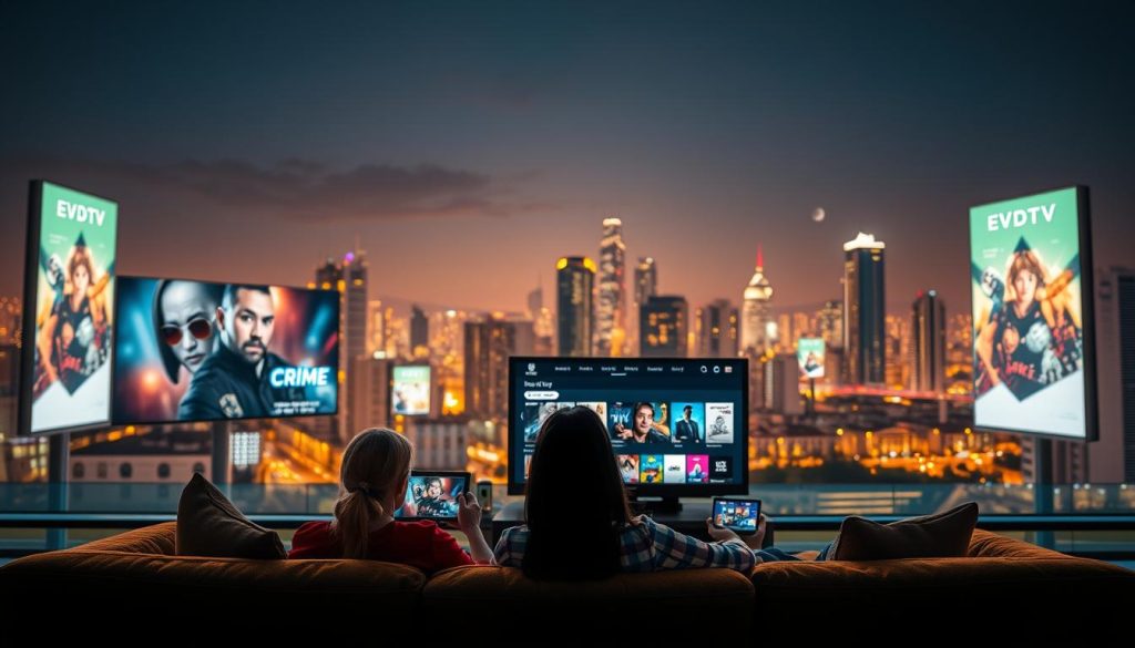 A serene nighttime cityscape illuminated by the warm glow of EVDTV IPTV billboards, highlighting the convenience and immersive viewing experience it offers. In the foreground, a group of people relaxing on a plush sofa, engrossed in a captivating crime drama on their devices. The middle ground showcases the sleek, modern interface of the EVDTV platform, with a wide selection of titles displayed. The background depicts the bustling city, a testament to the accessibility and flexibility EVDTV IPTV provides for enjoying high-quality content anytime, anywhere.