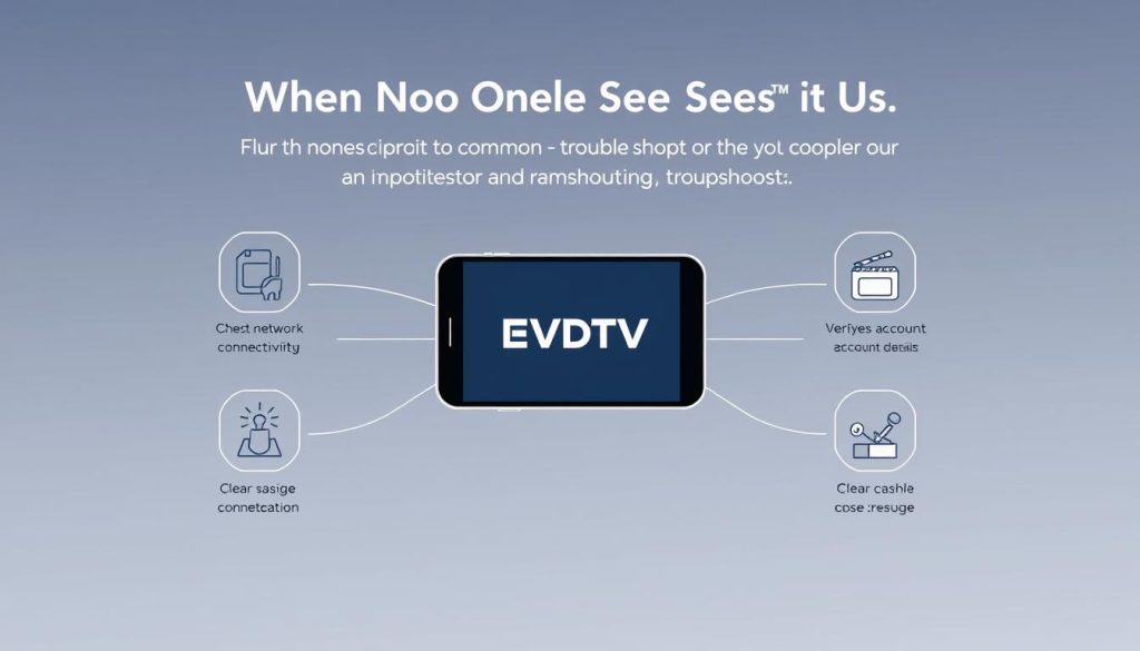 A sleek, minimalist illustration showcasing the EVDTV IPTV brand and providing troubleshooting guidance for common issues when streaming the TV series "When No One Sees Us". The composition features a central display device, such as a smartphone or tablet, prominently displaying the EVDTV logo. Surrounding the display are a set of simple, elegant icons representing common troubleshooting steps, such as checking network connectivity, verifying account details, and clearing cache. The overall aesthetic is clean, modern, and inviting, with a soft, muted color palette and thoughtful use of negative space to create a sense of balance and focus. The mood is one of helpful guidance and resolve, conveying a sense of professionalism and technical expertise associated with the EVDTV IPTV service.
