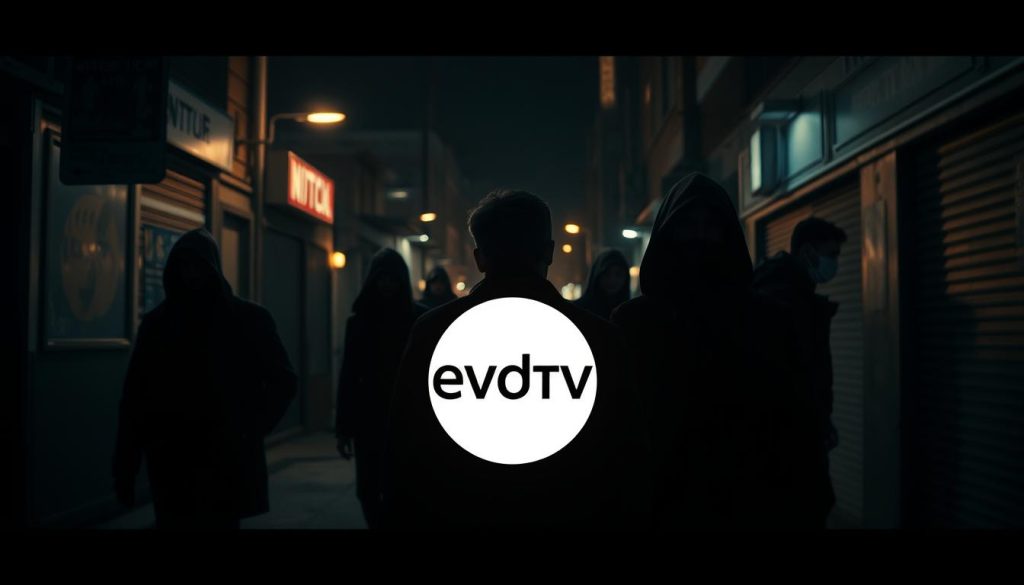 A stunning and captivating visual representation of the TV series "When No One Sees Us". Set in a dimly lit urban environment, the scene depicts a group of individuals navigating the complexities of life, their faces shrouded in shadows, reflecting the show's themes of isolation and hidden truths. The composition features a moody, cinematic quality, with dramatic lighting casting sharp contrasts and textures, creating a sense of depth and atmosphere. In the foreground, the EVDTV IPTV logo subtly appears, seamlessly integrated into the overall scene, suggesting the availability of the series on this platform. The image masterfully captures the essence of the show, inviting the viewer to delve into the narrative and explore the hidden lives of the characters.