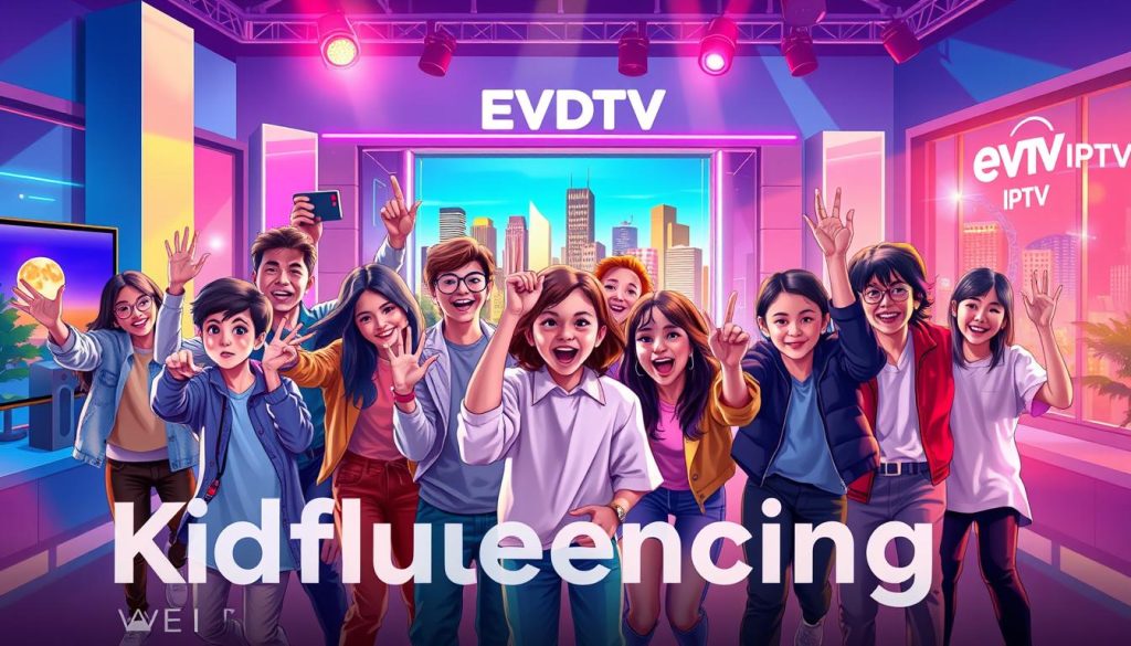 A vibrant, artistic illustration of the "Kidfluencing" TV series. In the foreground, a group of engaging young influencers capture the attention of the viewer with their energetic poses and dynamic expressions. The middle ground showcases a stylized studio setting, complete with colorful lighting and modern, minimalist decor reflecting the show's sleek branding. In the background, a cityscape glimmers with the EVDTV IPTV logo, hinting at the broader cultural impact and popularity of this impactful series. The overall mood is both youthful and aspirational, capturing the essence of the "Kidfluencing" phenomenon.