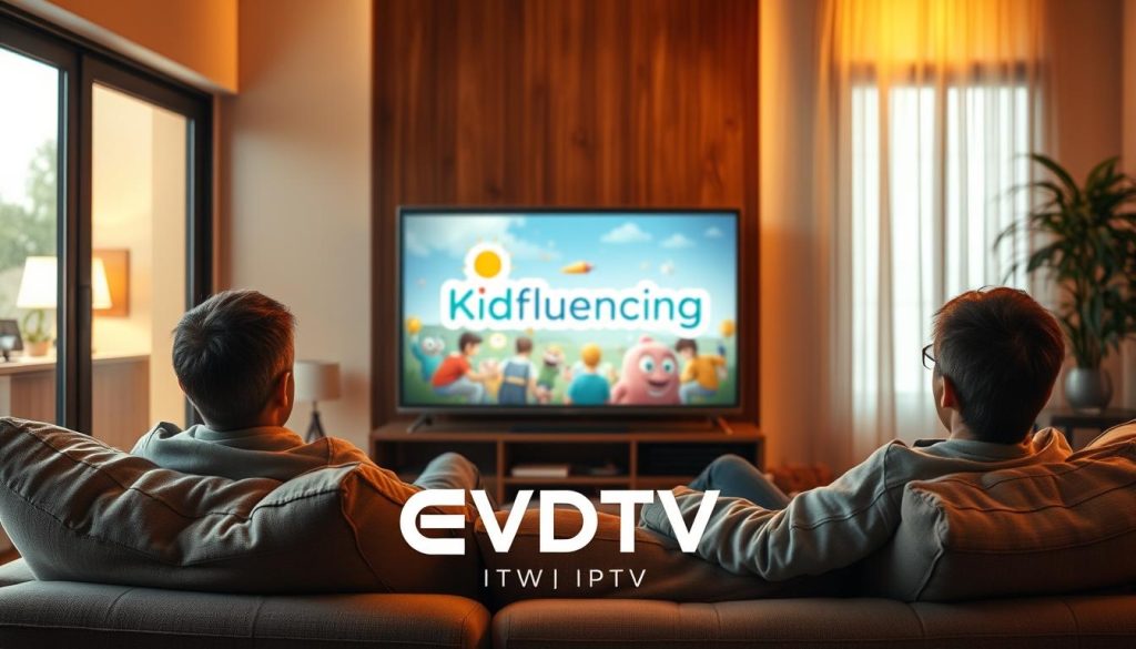 A vibrant visual representation of watching the Kidfluencing series on the EVDTV IPTV platform. Set in a cozy living room, a person sits comfortably on a plush sofa, intently focused on a large, high-definition television screen displaying the captivating Kidfluencing episode. The room is bathed in warm, inviting lighting, creating a relaxed, immersive atmosphere. The television's display showcases the Kidfluencing logo prominently, while the EVDTV IPTV branding is subtly integrated into the scene, blending seamlessly with the overall composition. The image conveys the enjoyment and convenience of streaming the latest Kidfluencing episodes on the reliable EVDTV IPTV service.