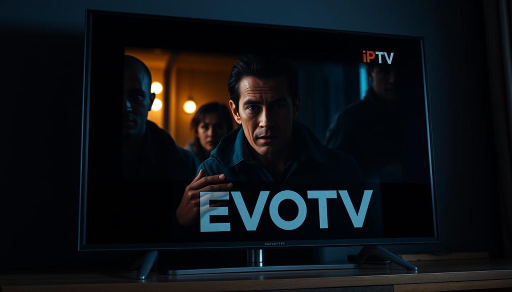 Detailed scene of a television screen displaying the EVDTV IPTV logo, showcasing an intense and dramatic episode of the popular series "Found". The screen is surrounded by a high-tech, futuristic interface, with sleek, minimalist design elements. In the foreground, viewers can see the intense expressions and reactions of the characters on the screen, conveying the captivating and suspenseful nature of the episode. The lighting is moody and atmospheric, with a mix of cool and warm tones to create a cinematic feel. The overall composition and perspective give the impression of a professional, high-quality production, inviting the viewer to immerse themselves in the thrilling narrative.