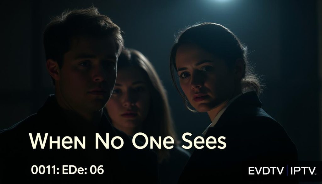Prompt A dramatic scene from the TV series "When No One Sees Us" S01E06, showcasing the lead characters in a captivating moment. The image is set in a dimly lit, atmospheric environment, with soft lighting illuminating their faces, creating a sense of introspection and emotional depth. The characters are posed in a natural, candid manner, conveying a sense of intimacy and vulnerability. The background is blurred, allowing the viewer to focus on the subjects. The overall mood is pensive and thought-provoking, reflecting the series' themes. In the bottom right corner, the EVDTV IPTV logo is discreetly displayed, indicating the platform where the episode can be streamed.