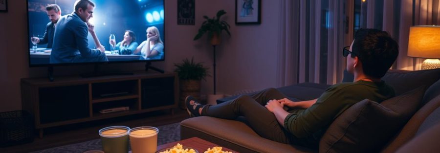 شخص يستمتع بمشاهدة فيلم خلال عطلة نهاية الأسبوع مع المشروبات والوجبات الخفيفة