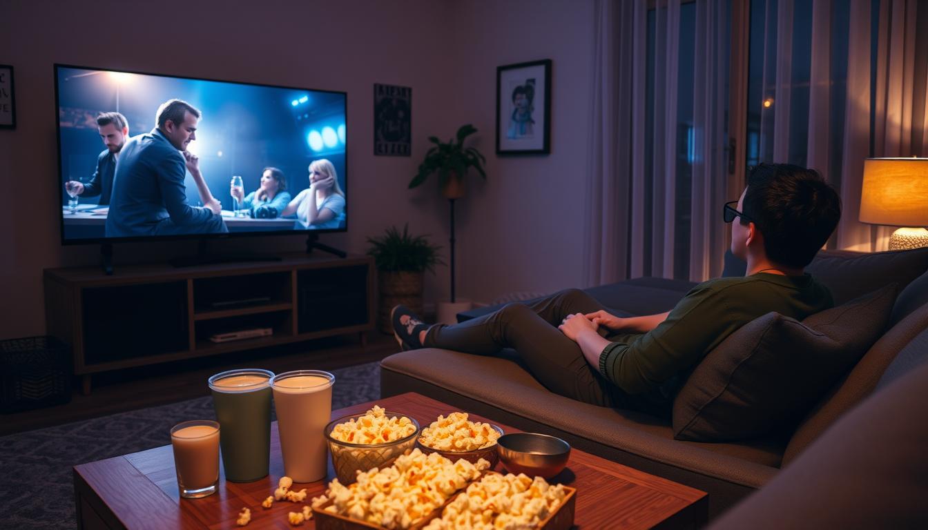 شخص يستمتع بمشاهدة فيلم خلال عطلة نهاية الأسبوع مع المشروبات والوجبات الخفيفة