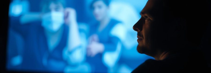 شخص يشاهد فيلماً عن الصحة النفسية في غرفة مظلمة