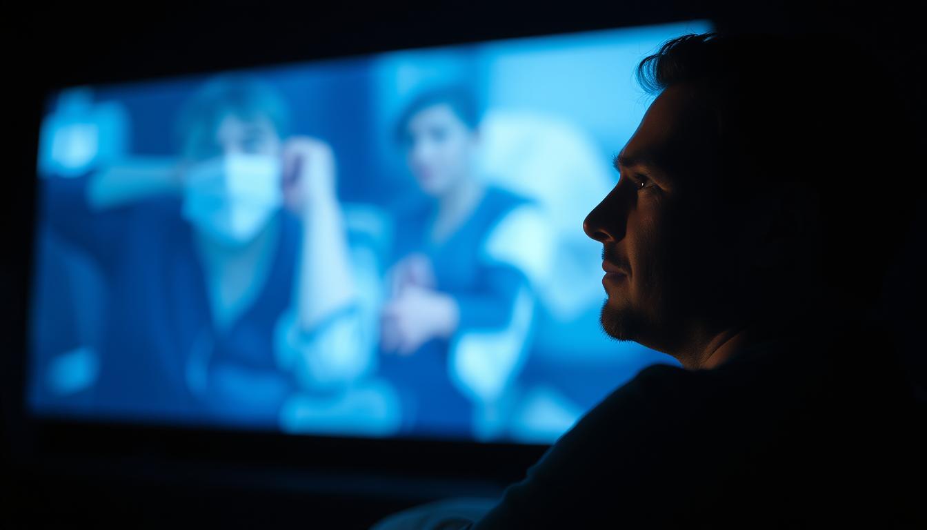 شخص يشاهد فيلماً عن الصحة النفسية في غرفة مظلمة