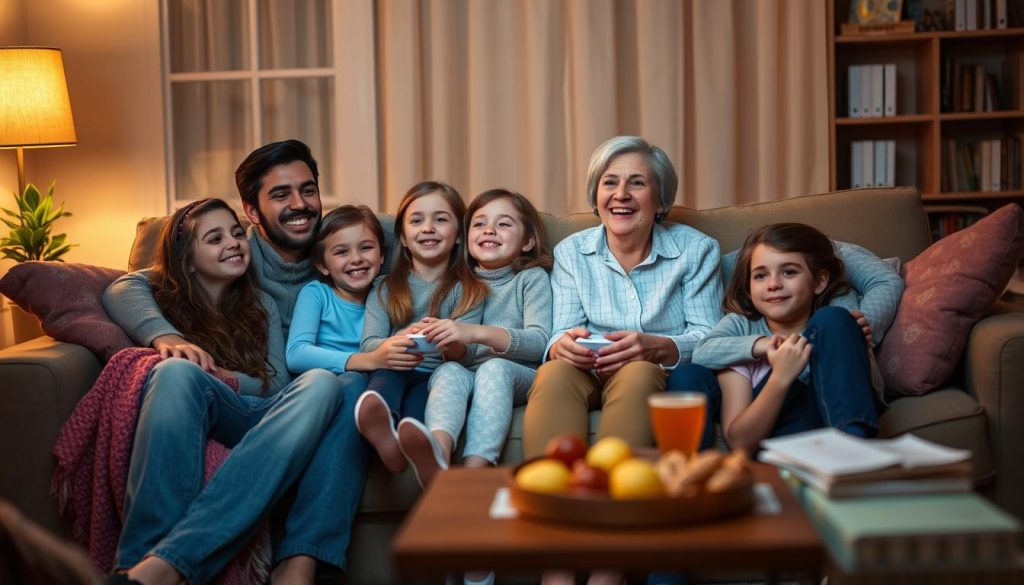 عائلة تشاهد فيلمًا معًا في المنزل خلال عطلة نهاية الأسبوع