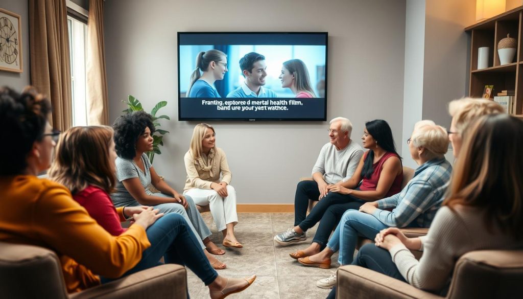 مجموعة أشخاص يناقشون فيلماً عن الصحة النفسية في جلسة جماعية