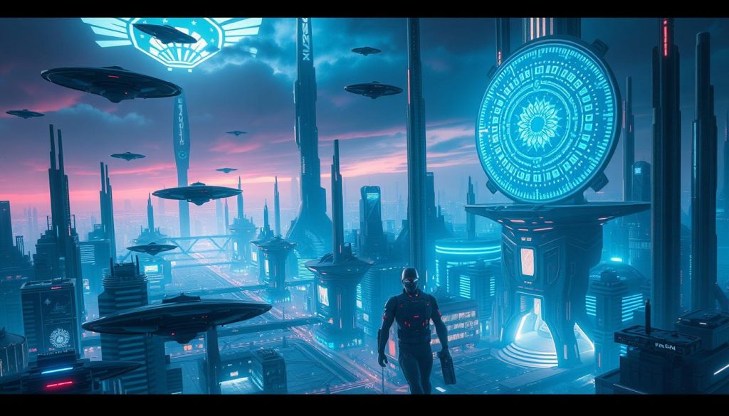 مشهد من فيلم خيال علمي يظهر فيه عالم مستقبلي