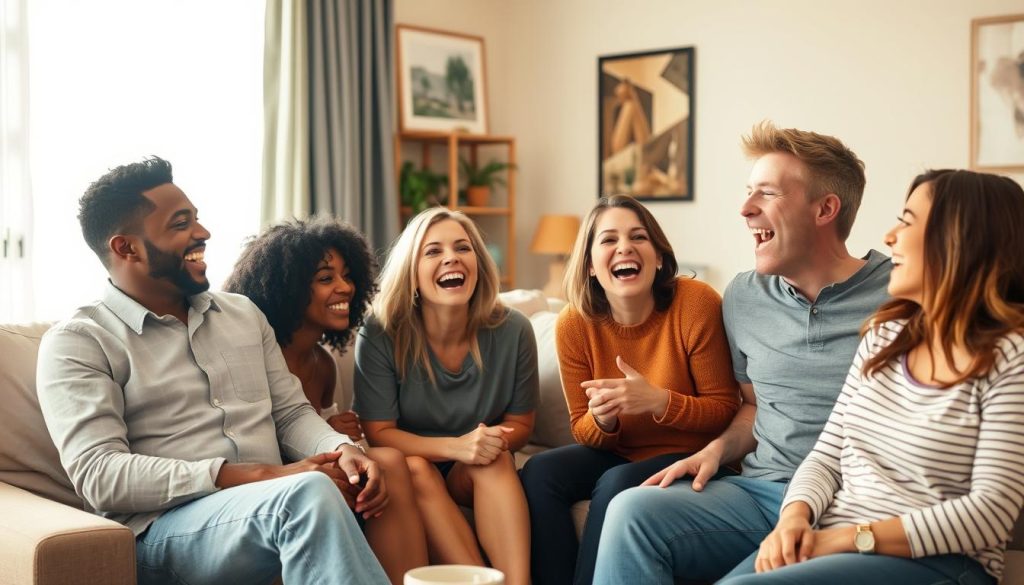 مشهد من فيلم كوميدي يظهر فيه مجموعة من الأصدقاء يضحكون