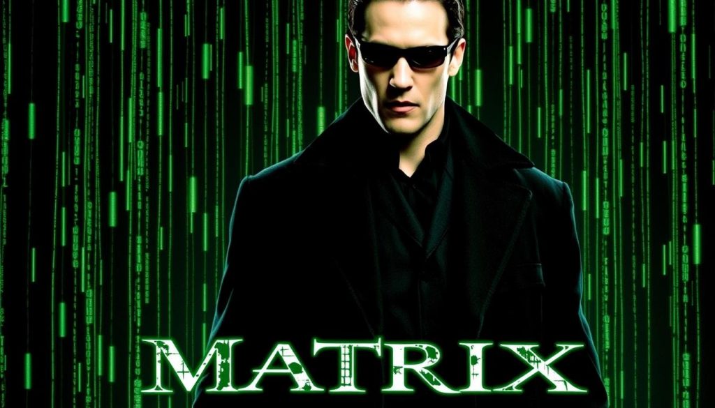 ملصق فيلم The Matrix يظهر فيه كيانو ريفز بالزي الأسود المميز
